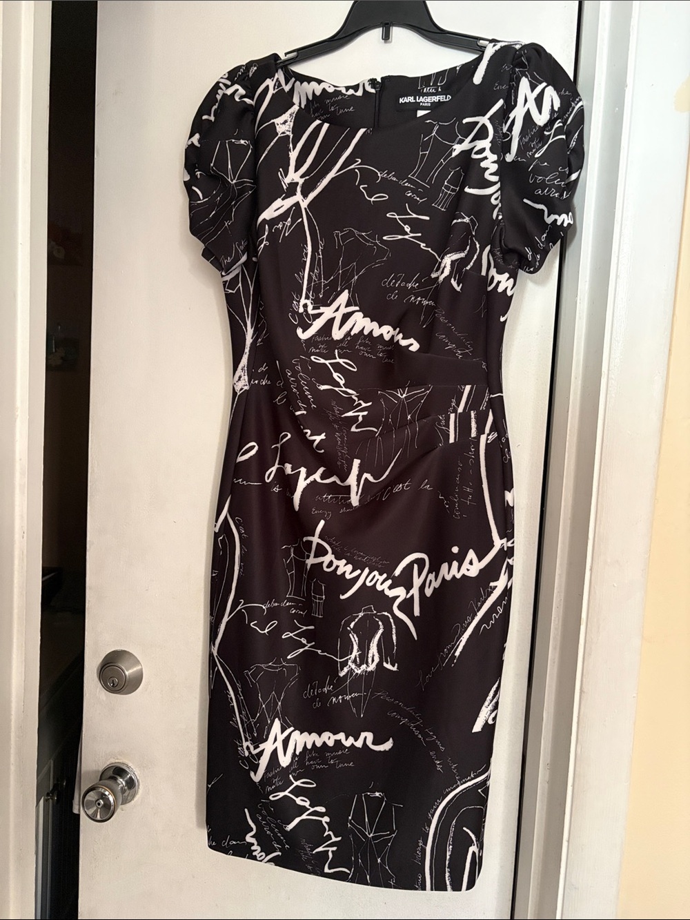 Karl Lagerfeld Black and White Script Sheath Dresss size 10.